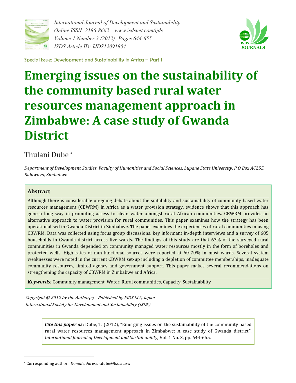 Emerging Issues on the Sustainability of the Community Based Rural Water Resources Management Approach in Zimbabwe: a Case Study of Gwanda District