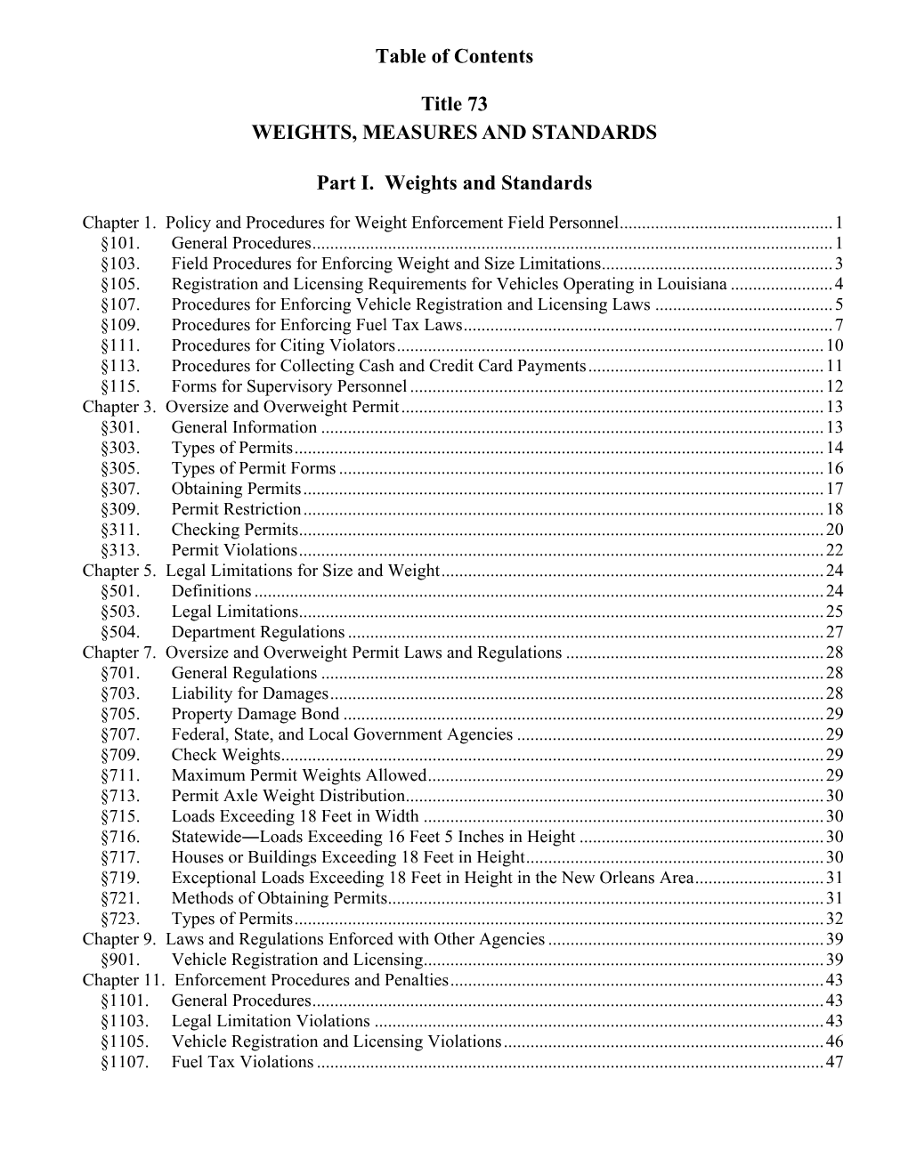 Table of Contents Title 73 WEIGHTS, MEASURES and STANDARDS