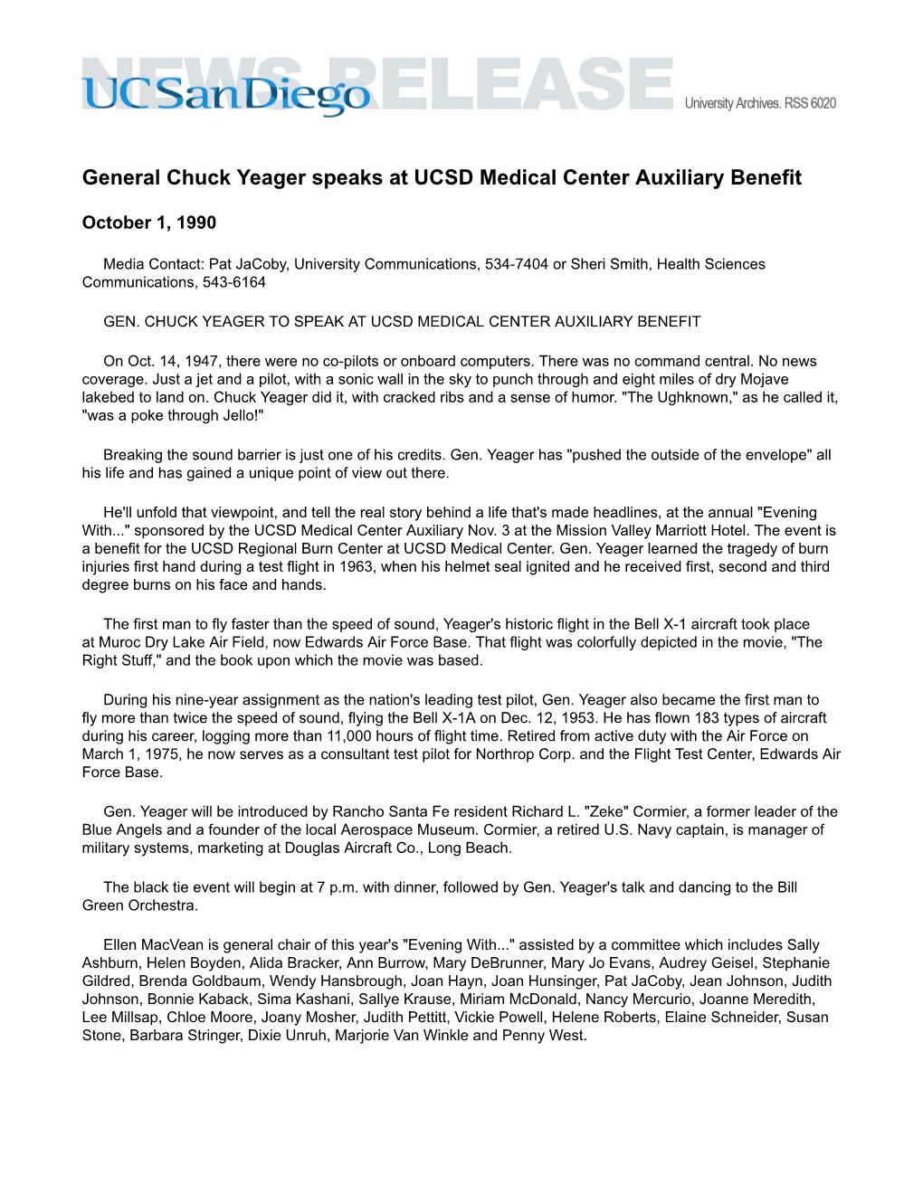 General Chuck Yeager Speaks at UCSD Medical Center Auxiliary Benefit