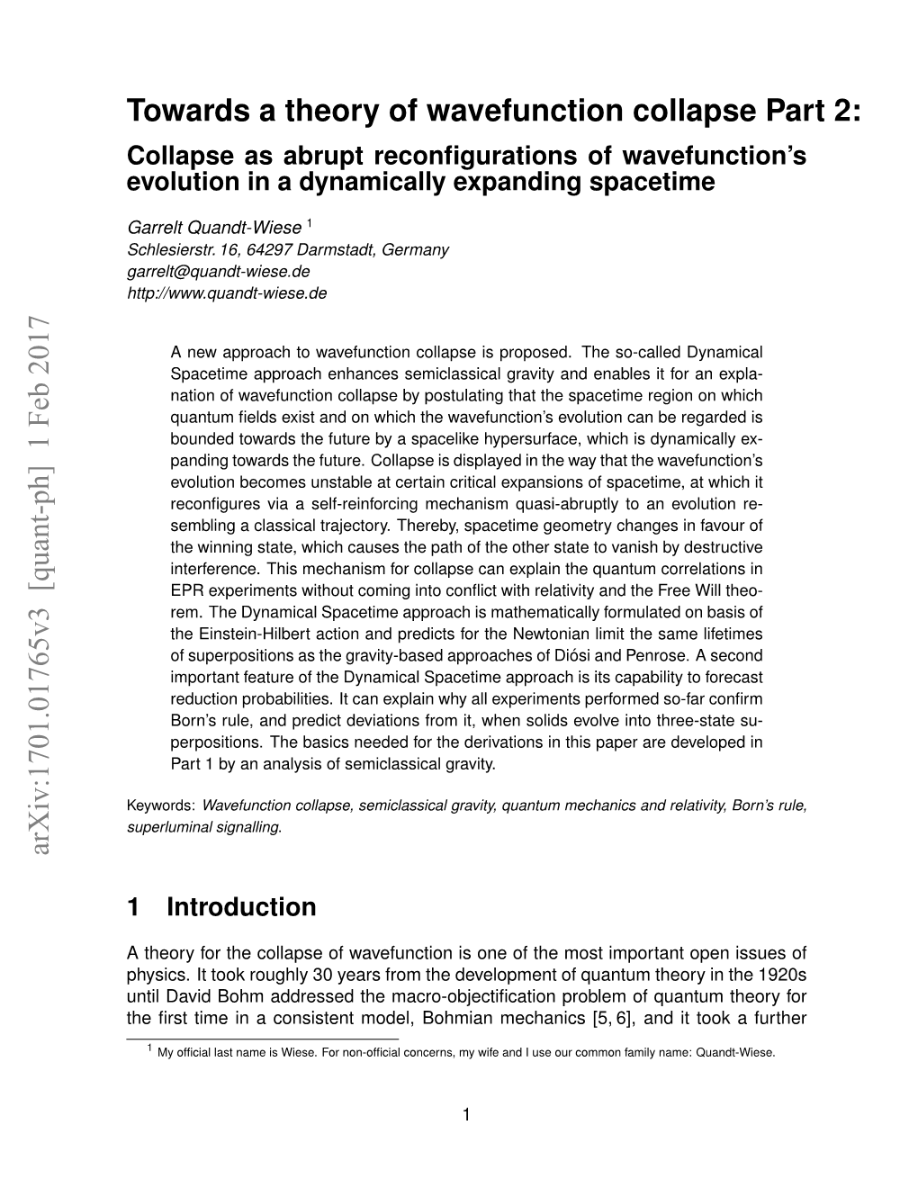 Towards a Theory of Wavefunction Collapse Part 2: Arxiv:1701.01765V3