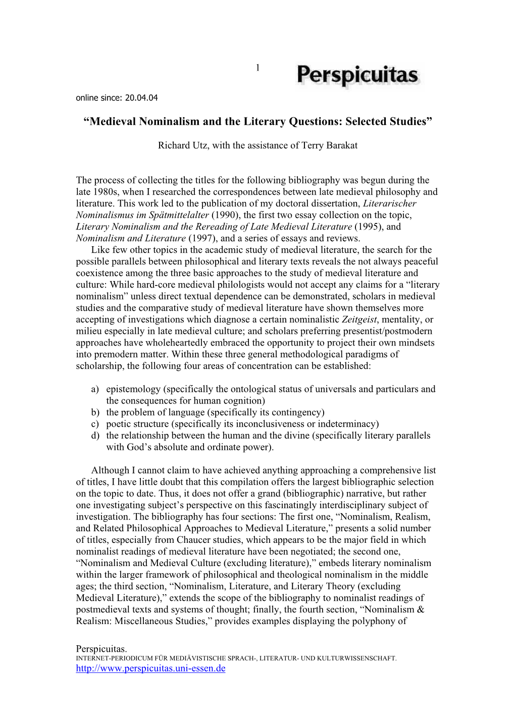 Medieval Nominalism and the Literary Questions: Selected Studies”