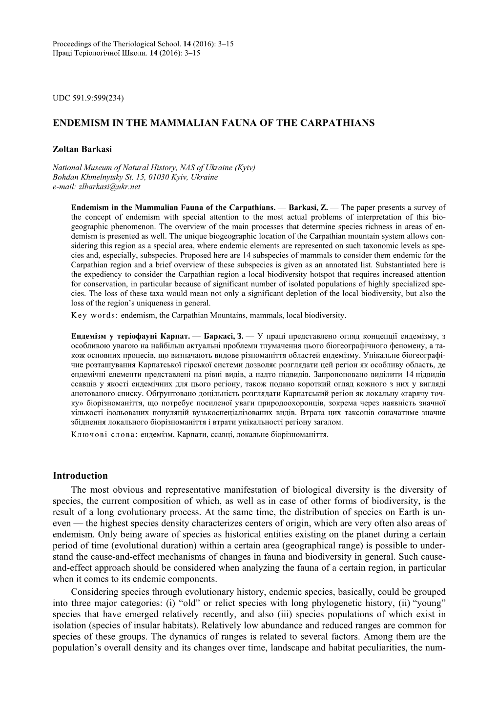 Endemism in the Mammalian Fauna of the Carpathians