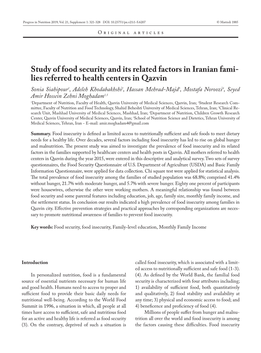 Study of Food Security and Its Related Factors in Iranian Fami- Lies Referred to Health Centers in Qazvin