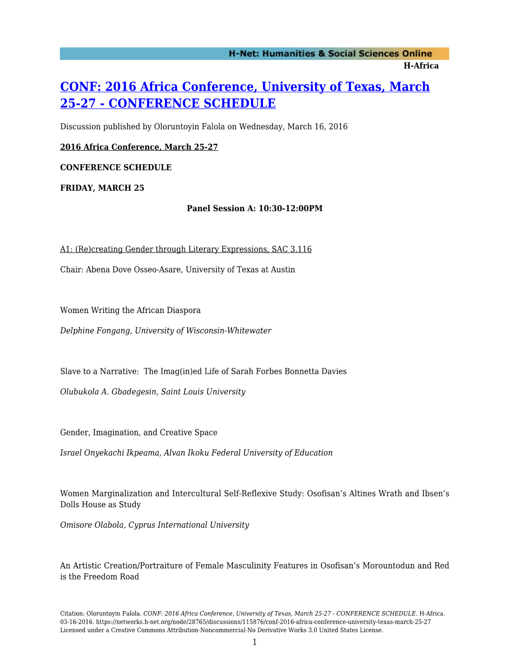 2016 Africa Conference, University of Texas, March 25-27 - CONFERENCE SCHEDULE