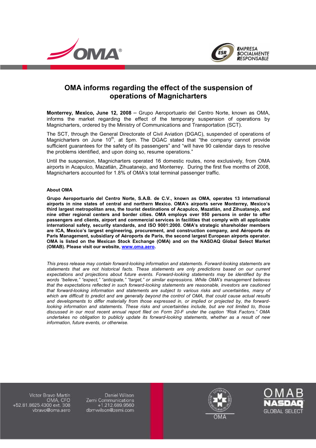 OMA Informs Regarding the Effect of the Suspension of Operations of Magnicharters