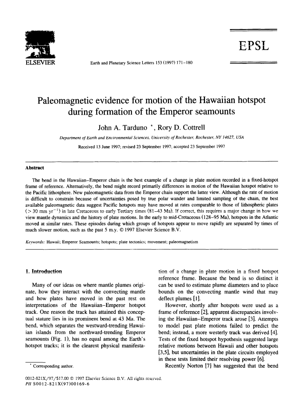 Paleomagnetic During Evidence for Motion of the Hawaiian Hotspot