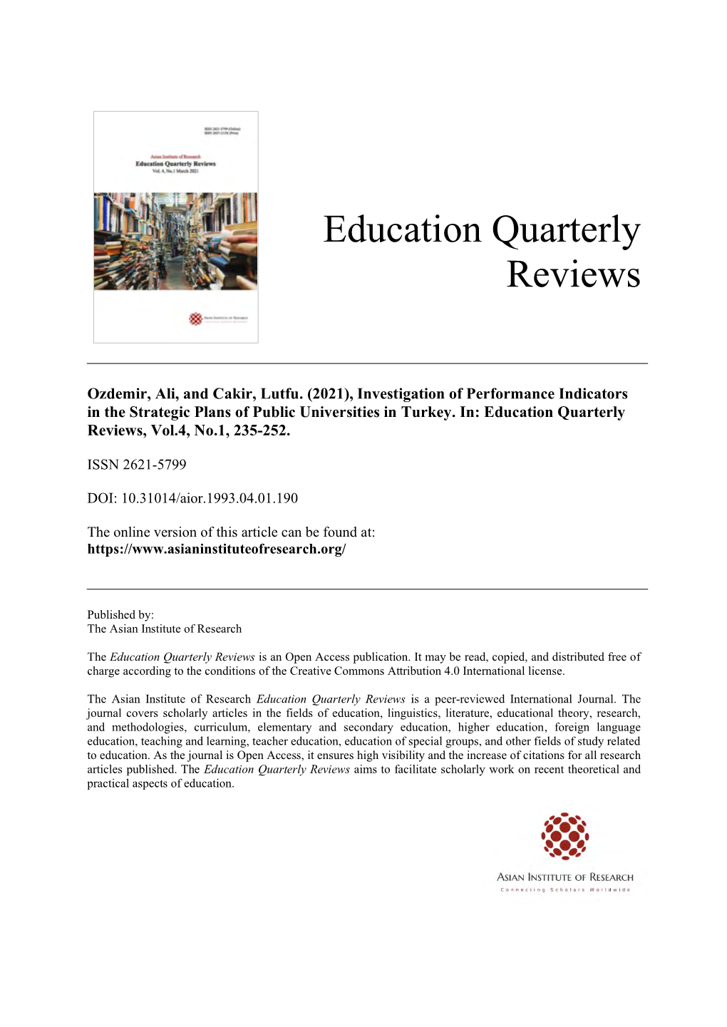 Education Quarterly Reviews