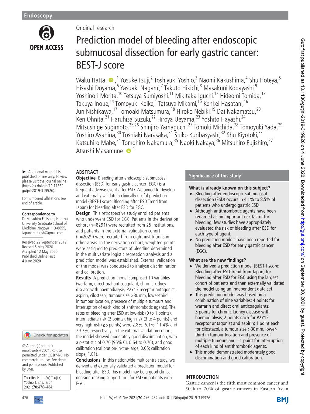 Prediction Model of Bleeding After Endoscopic Submucosal Dissection for Early Gastric Cancer