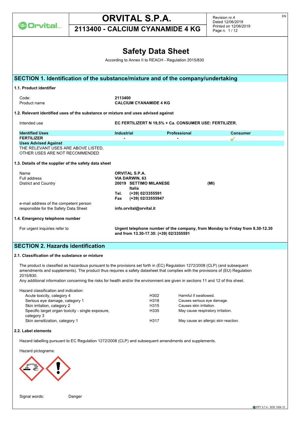 CALCIUM CYANAMIDE 4 KG Page N