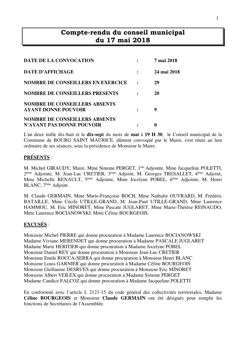 Compte-Rendu Du Conseil Municipal Du 17 Mai 2018