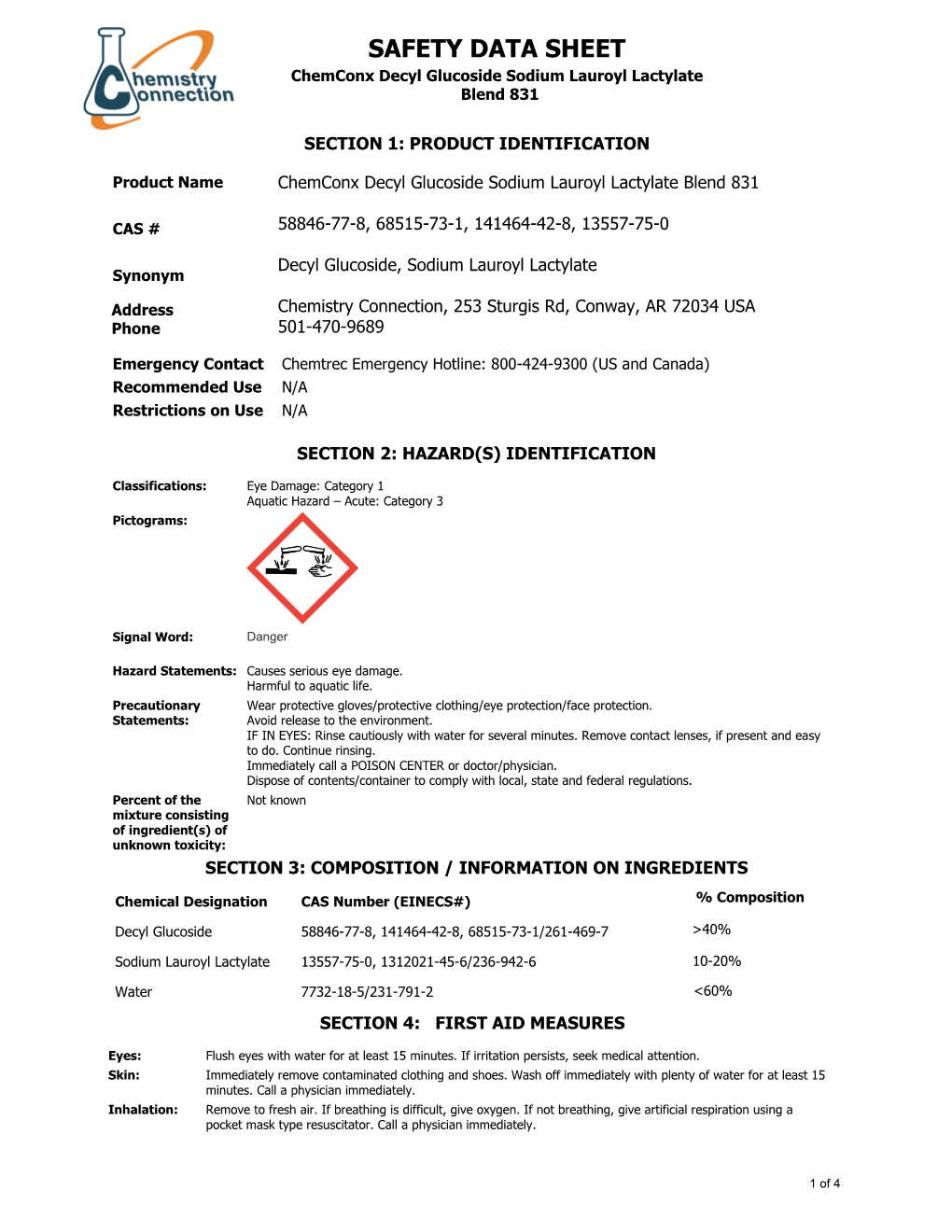 SAFETY DATA SHEET Chemconx Decyl Glucoside Sodium Lauroyl Lactylate Blend 831