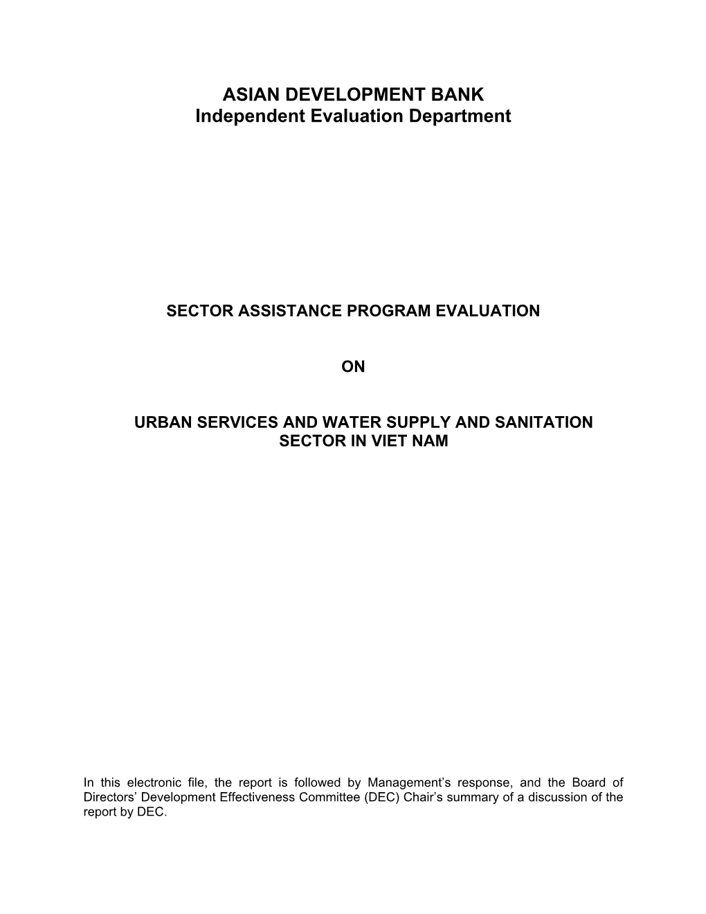 Evaluation of Urban Services and Water Supply and Sanitation Sector