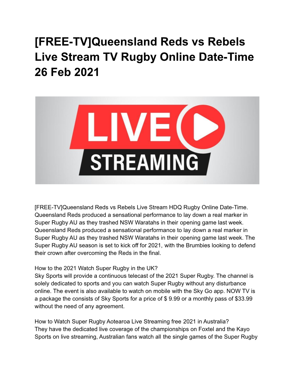Queensland Reds Vs Rebels Live Stream TV Rugby Online Date-Time 26 Feb 2021
