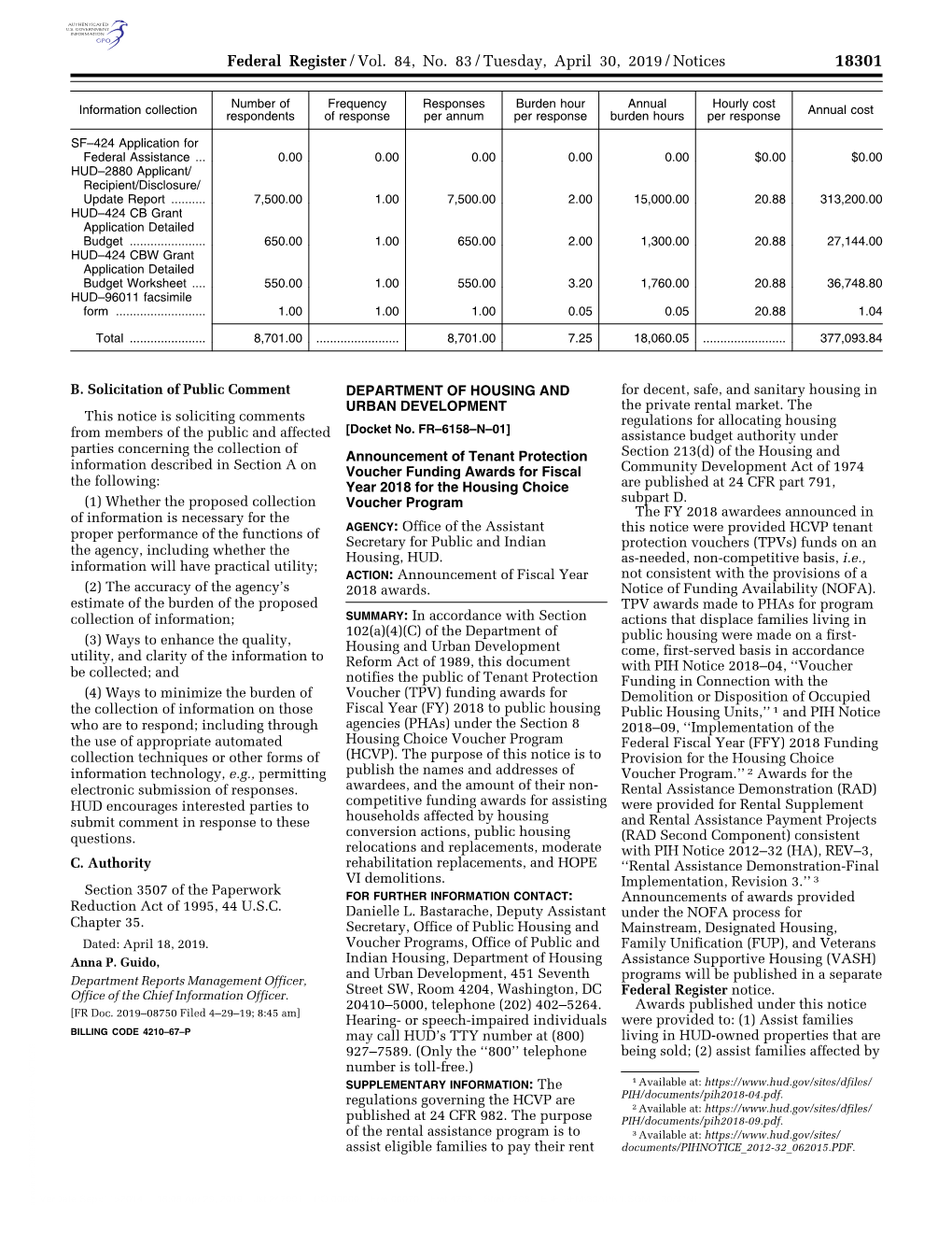 Federal Register/Vol. 84, No. 83/Tuesday, April 30, 2019/Notices