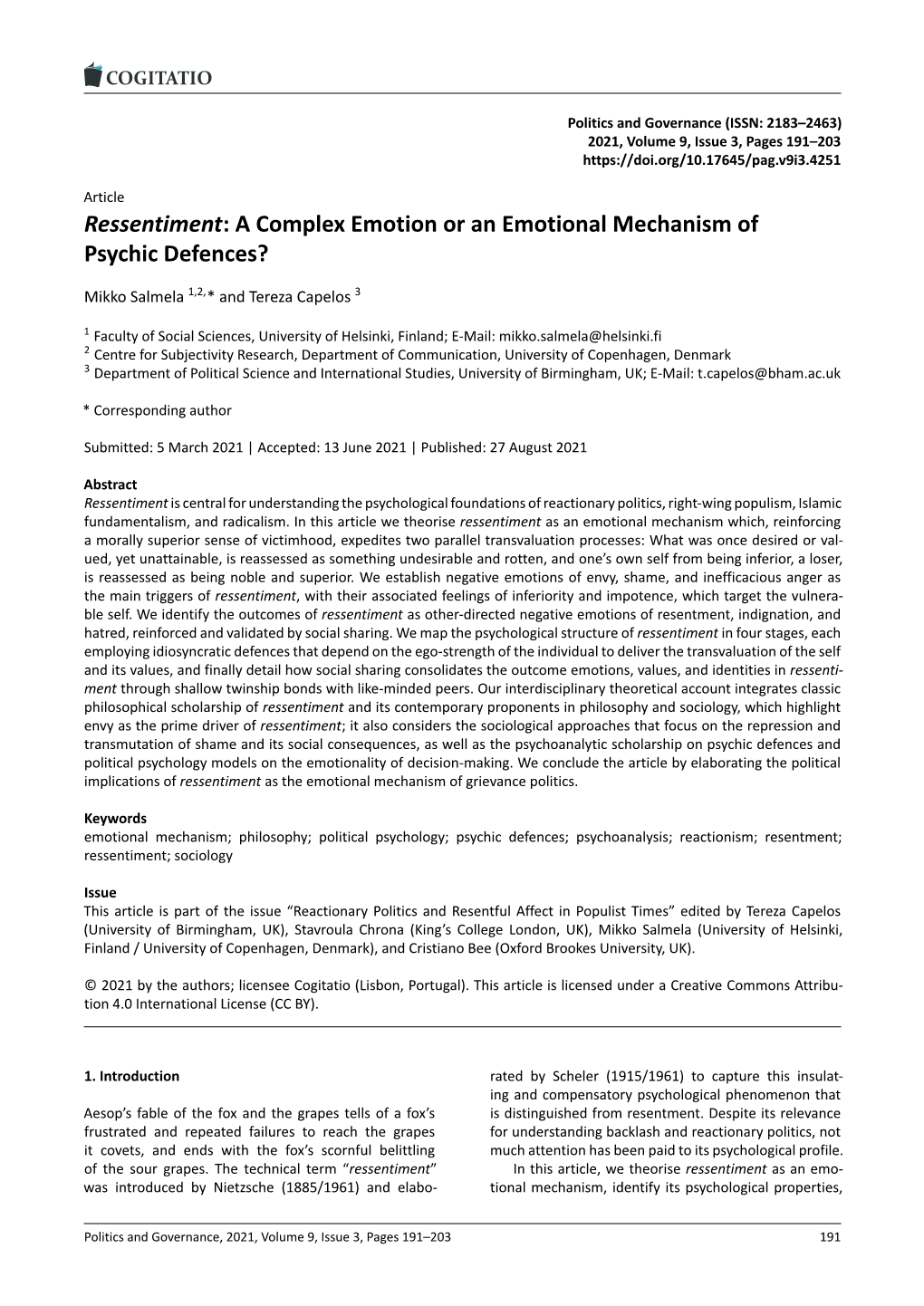 Ressentiment: a Complex Emotion Or an Emotional Mechanism of Psychic Defences?