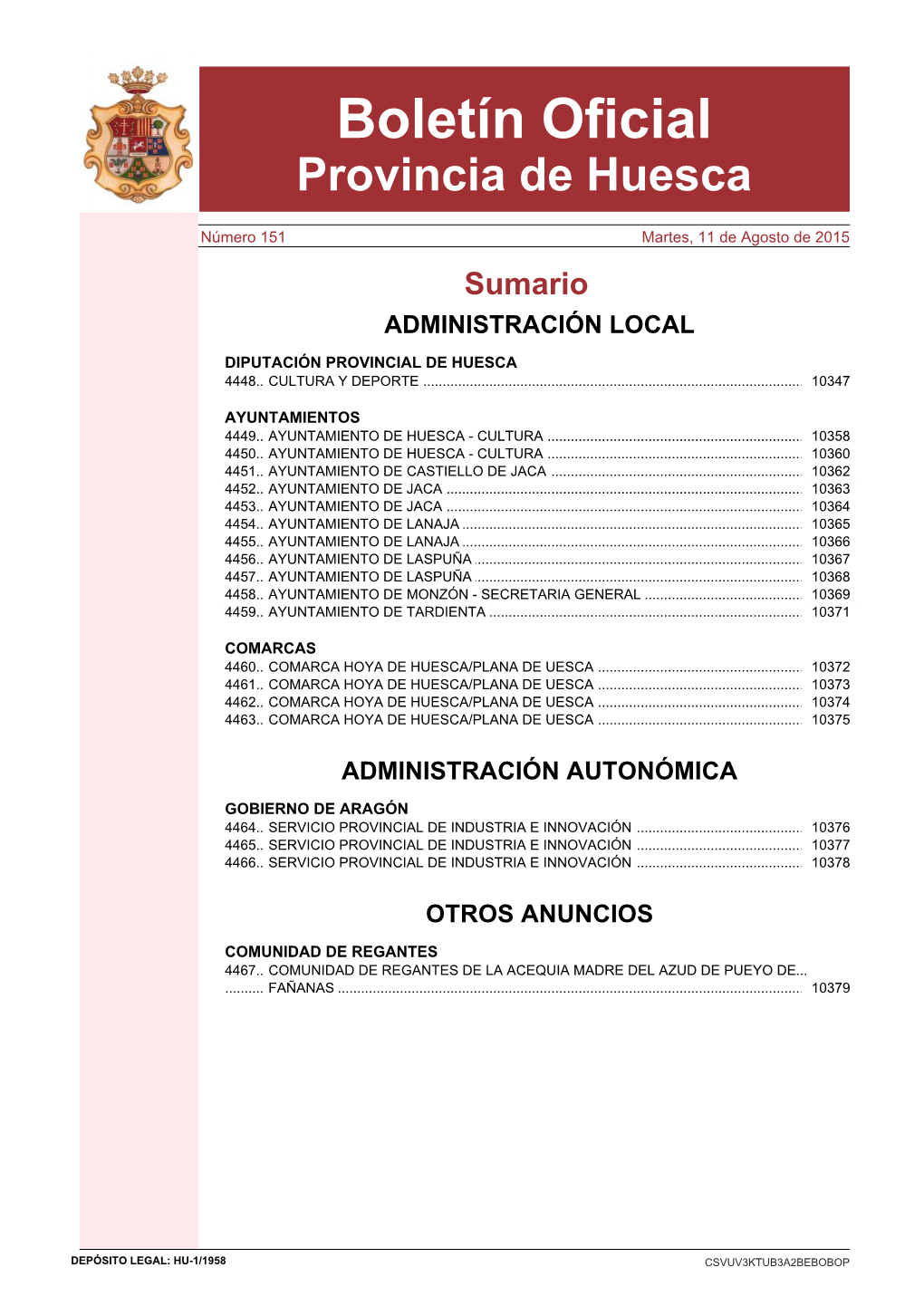 Boletín Oficial De La Provincia De Huesca Nº 151