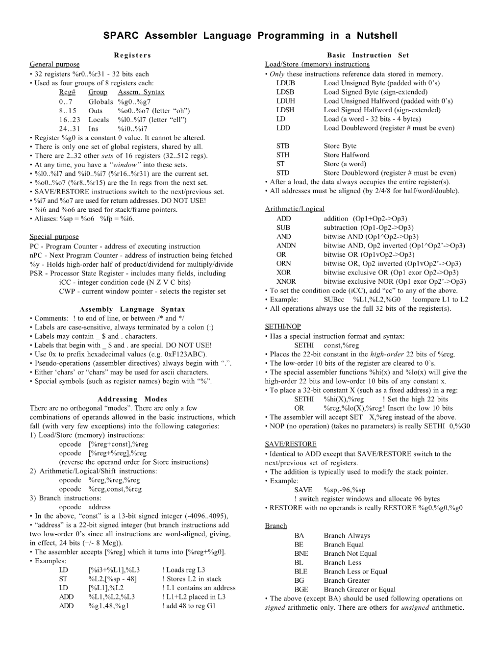 SPARC Assembler Language Programming in a Nutshell