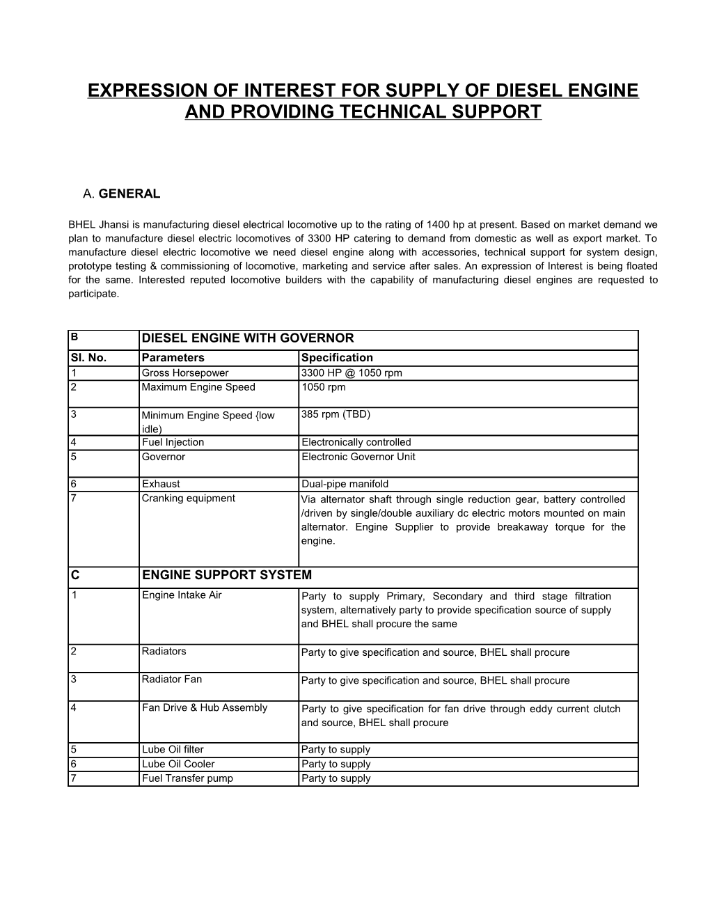 Expression of Interest for Supply of Diesel Engine and Providing Technical Support