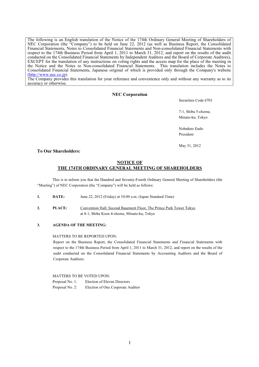 Notice of the 174Th Ordinary General Meeting Of