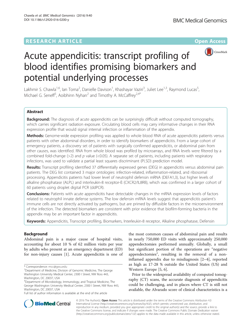 Acute Appendicitis: Transcript Profiling of Blood Identifies Promising Biomarkers and Potential Underlying Processes Lakhmir S