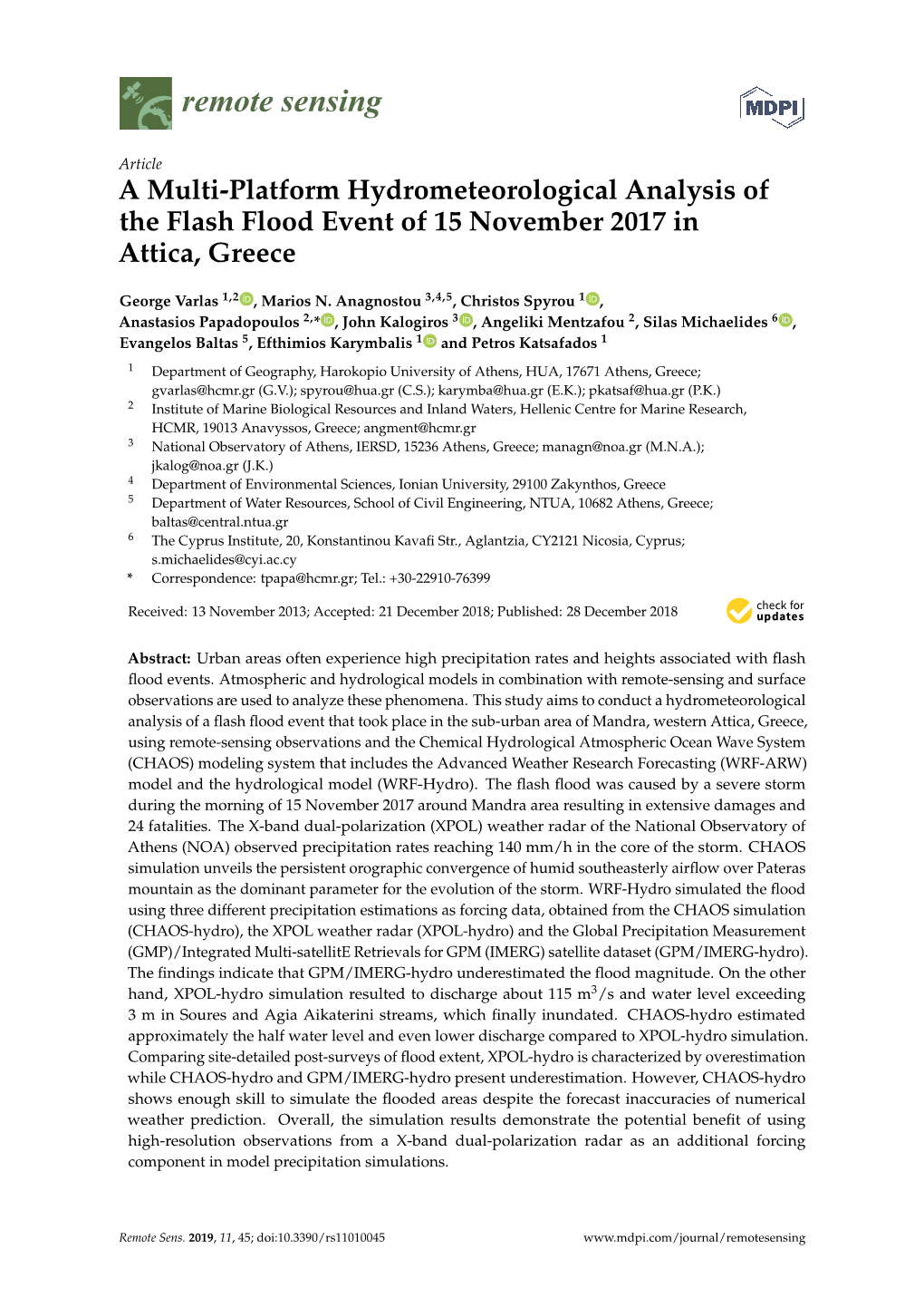 A Multi-Platform Hydrometeorological Analysis of the Flash Flood Event of 15 November 2017 in Attica, Greece