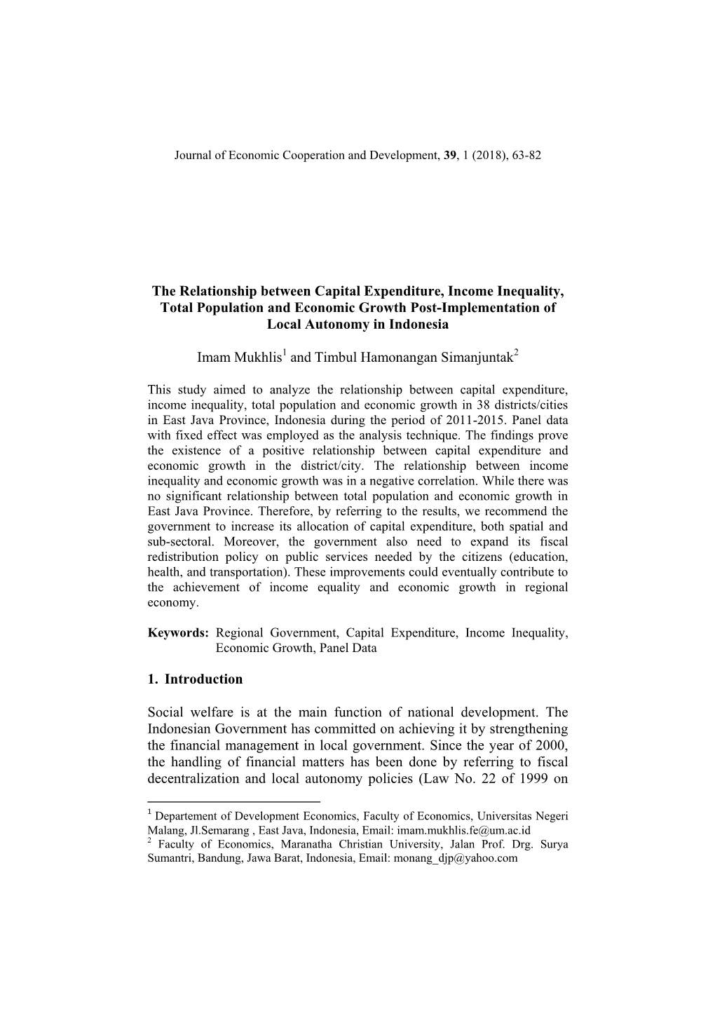 The Relationship Between Capital Expenditure, Income Inequality, Total Population and Economic Growth Post-Implementation of Local Autonomy in Indonesia