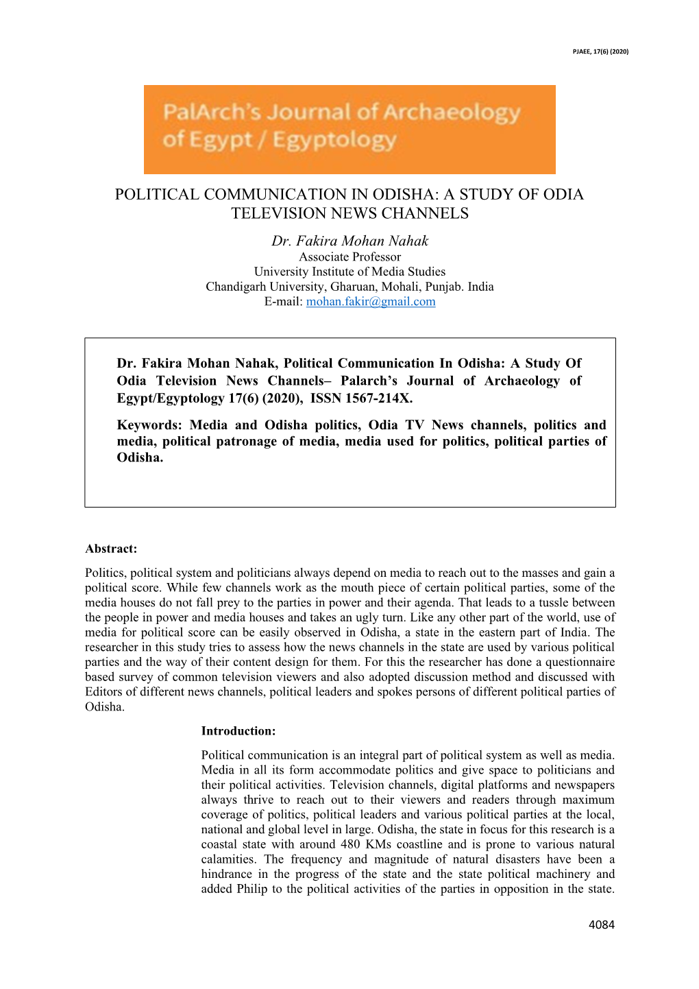 POLITICAL COMMUNICATION in ODISHA: a STUDY of ODIA TELEVISION NEWS CHANNELS Dr