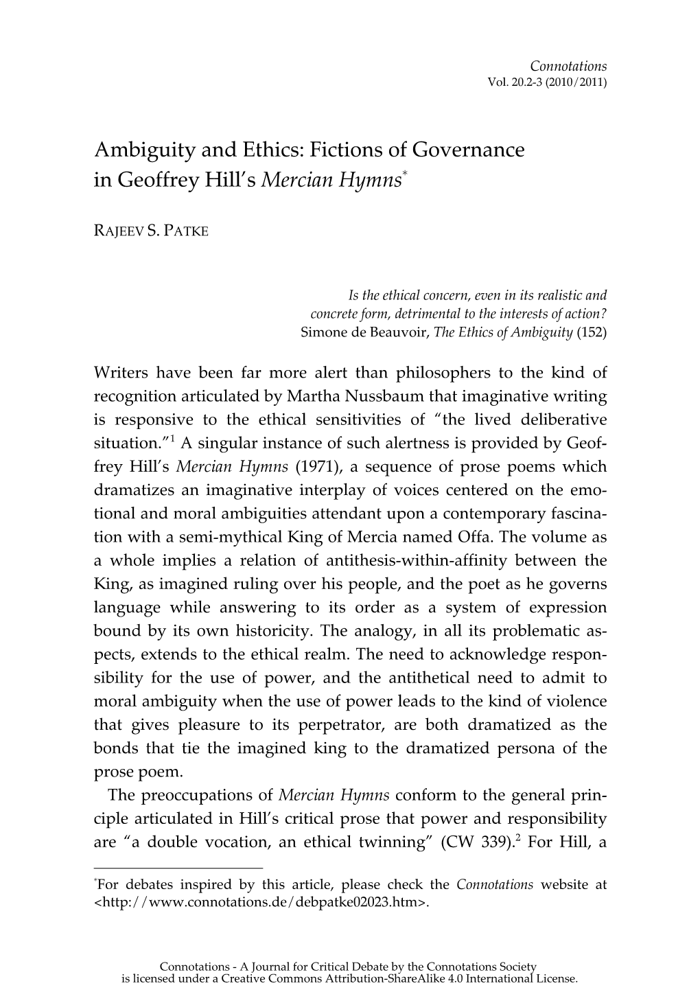 Ambiguity and Ethics: Fiction and Governance in Geoffrey Hill's