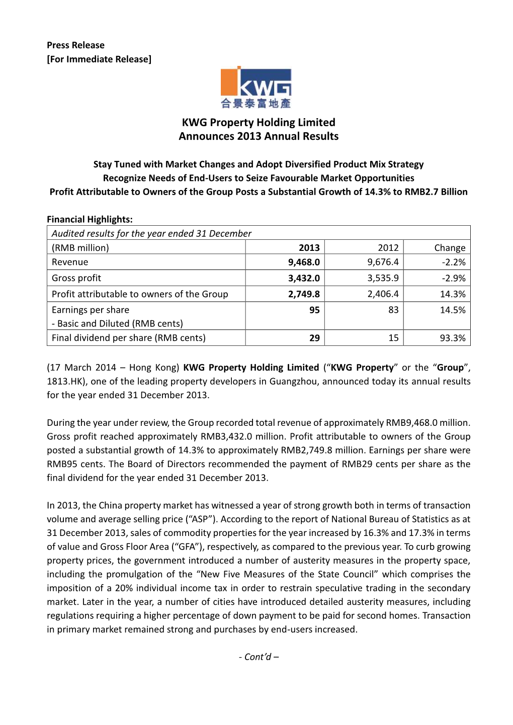 KWG Property Holding Limited Announces 2013 Annual Results