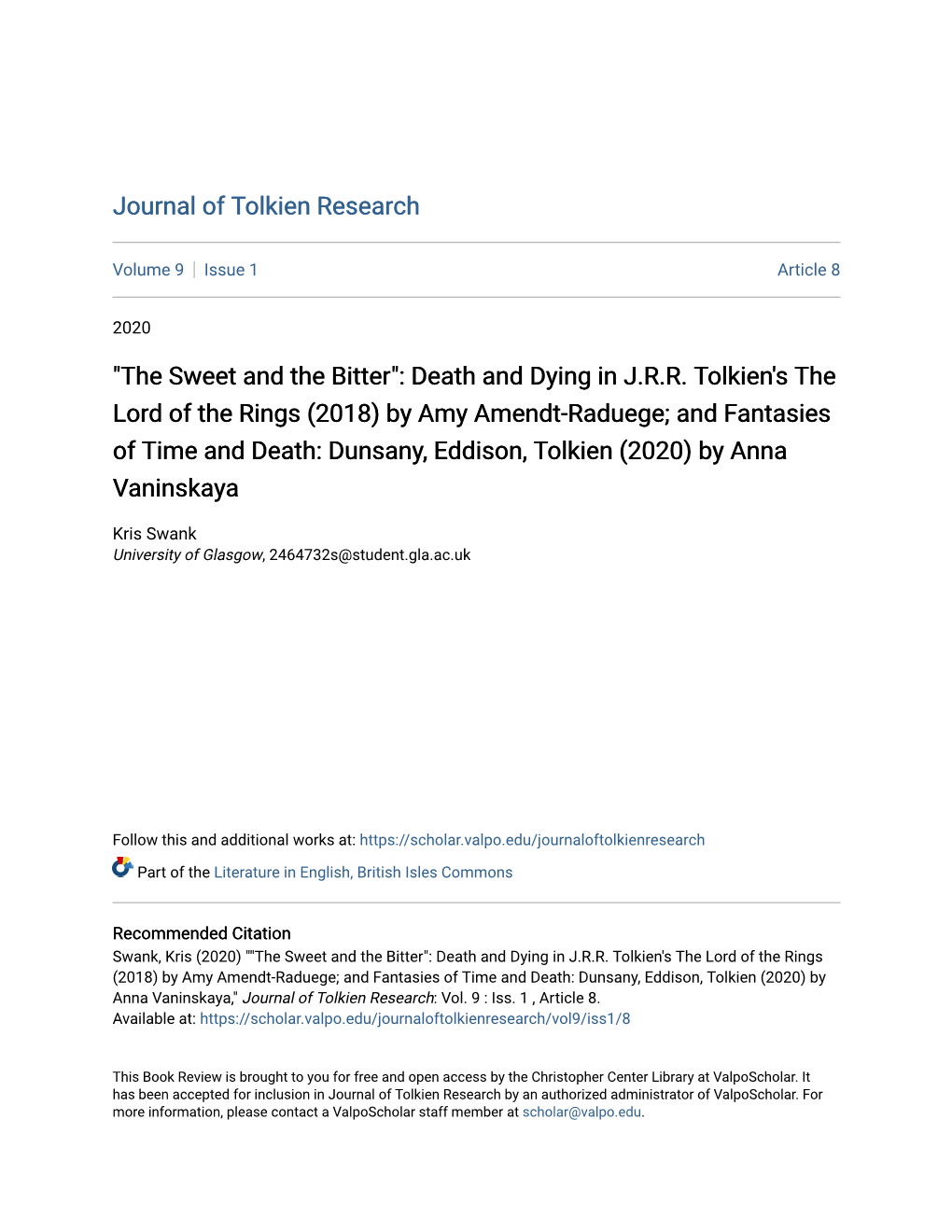 "The Sweet and the Bitter": Death and Dying in J.R.R. Tolkien's the Lord of the Rings (2018) by Amy Amendt-Raduege
