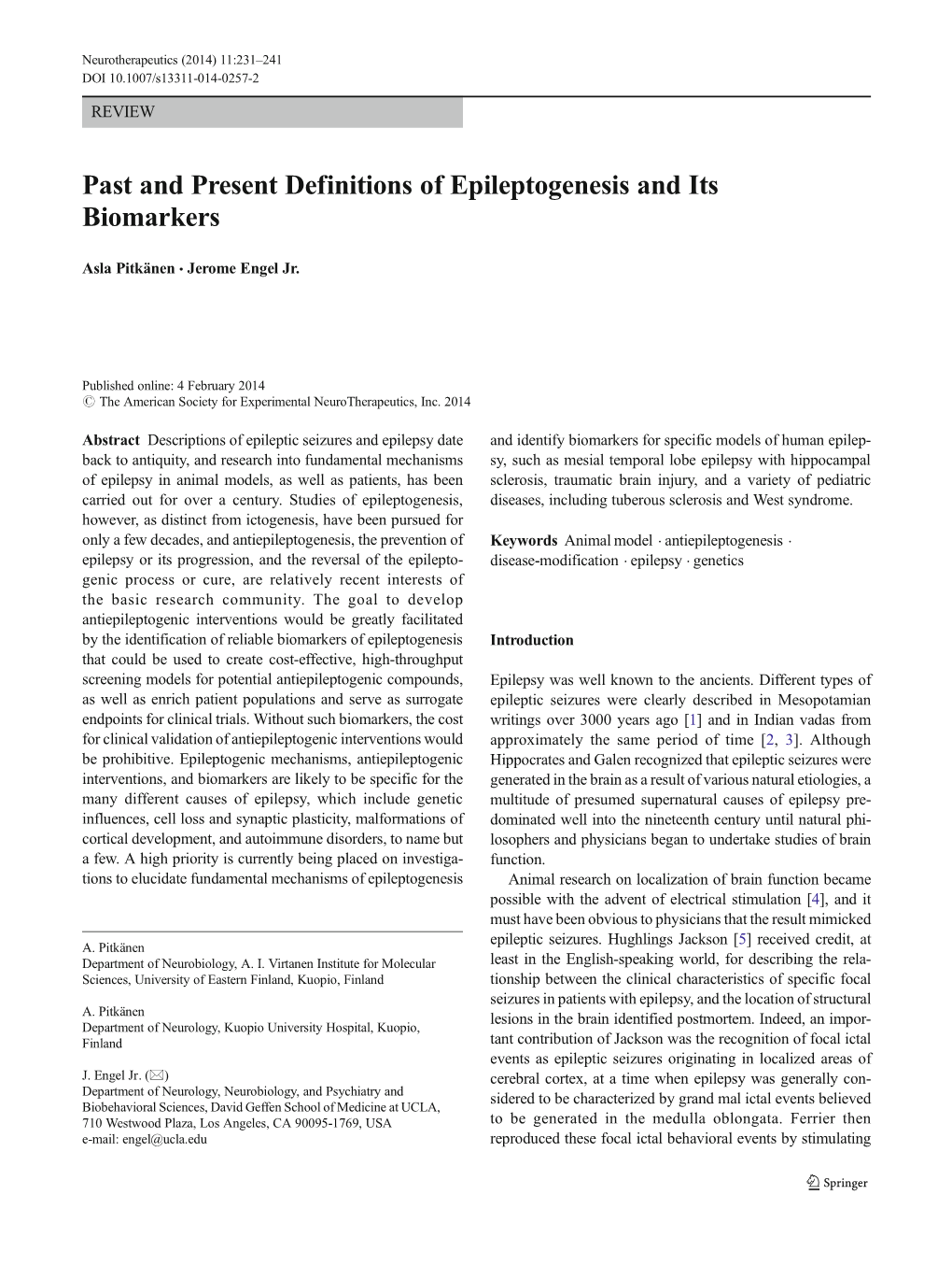 Past and Present Definitions of Epileptogenesis and Its Biomarkers