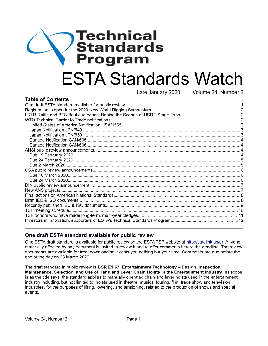 ESTA Standards Watch Late January 2020 Volume 24, Number 2 Table of Contents One Draft ESTA Standard Available for Public Review