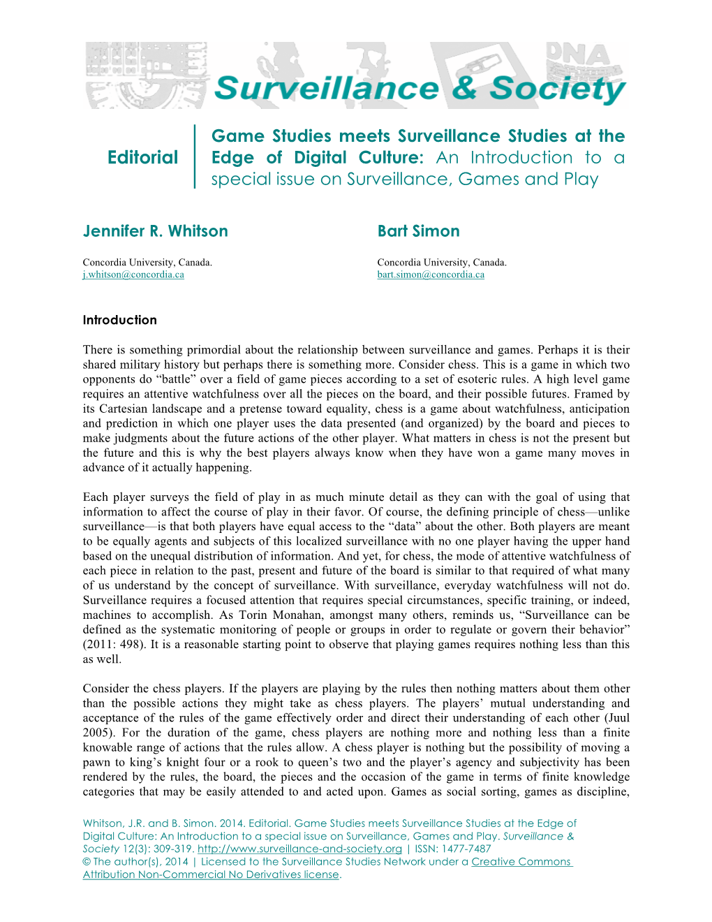 Editorial Edge of Digital Culture: an Introduction to a Special Issue on Surveillance, Games and Play