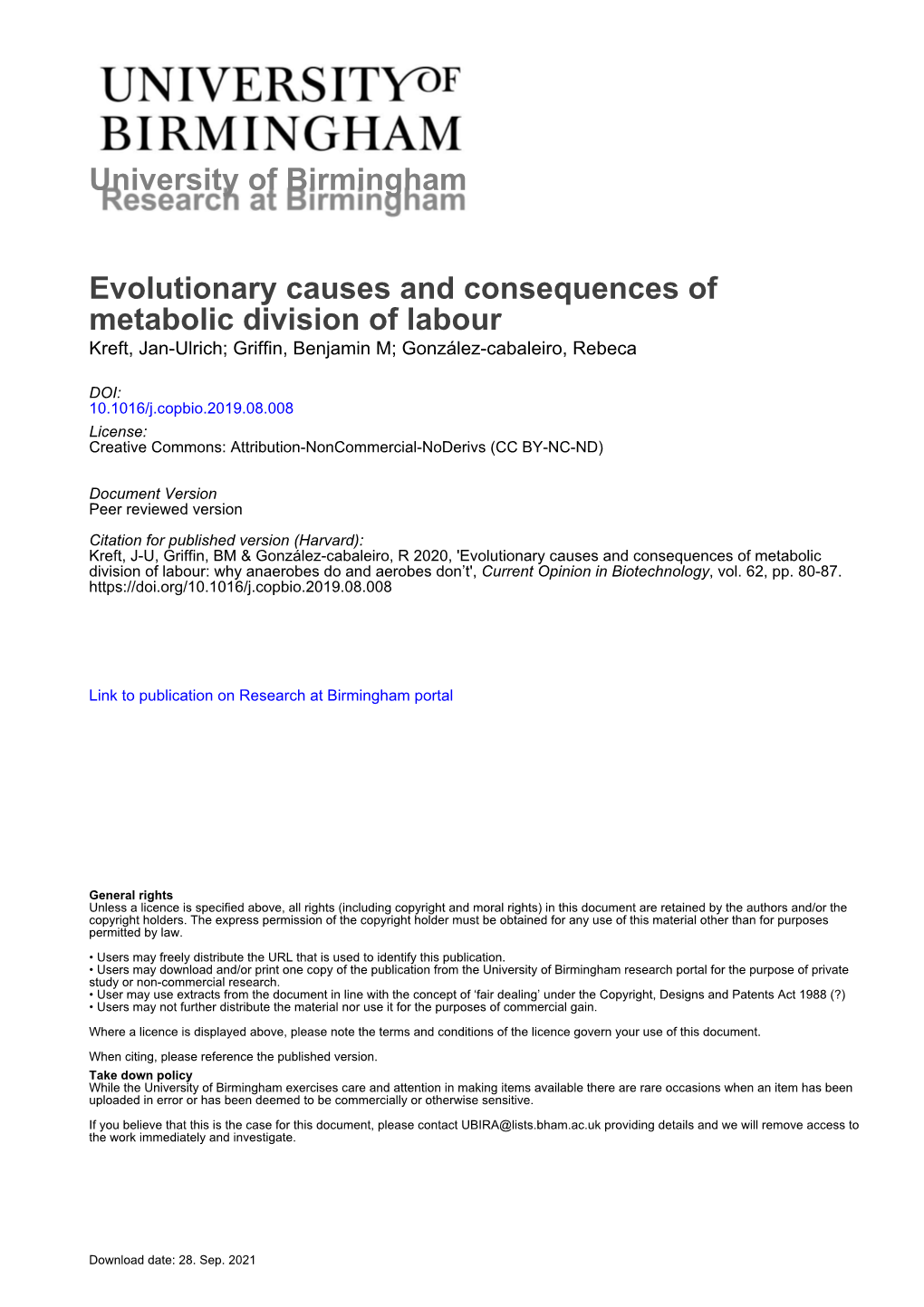 University of Birmingham Evolutionary Causes and Consequences of Metabolic Division of Labour