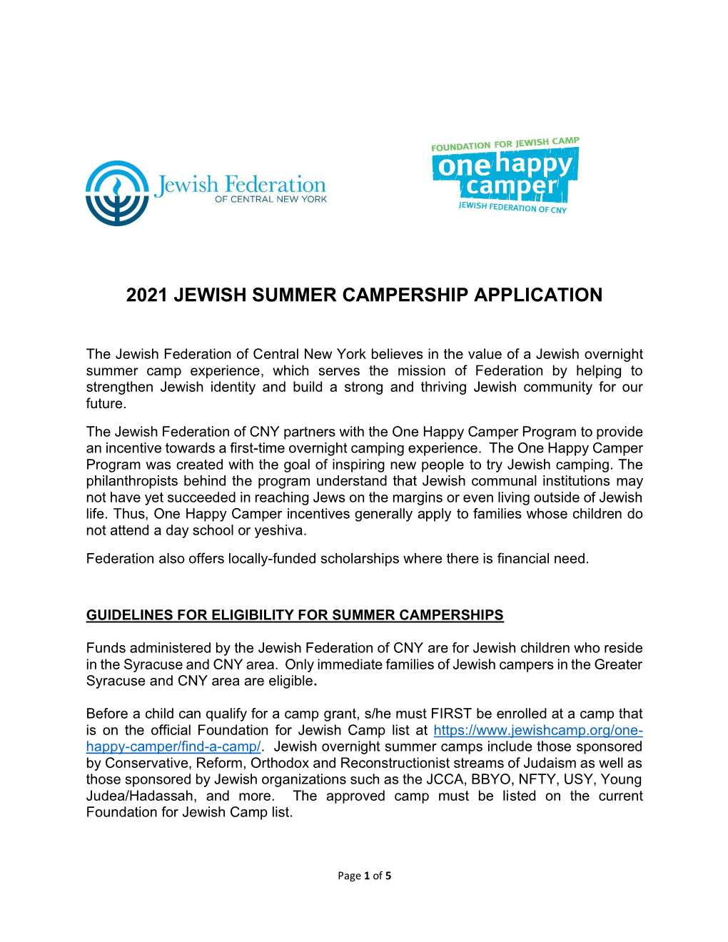 2021 Jewish Summer Campership Application