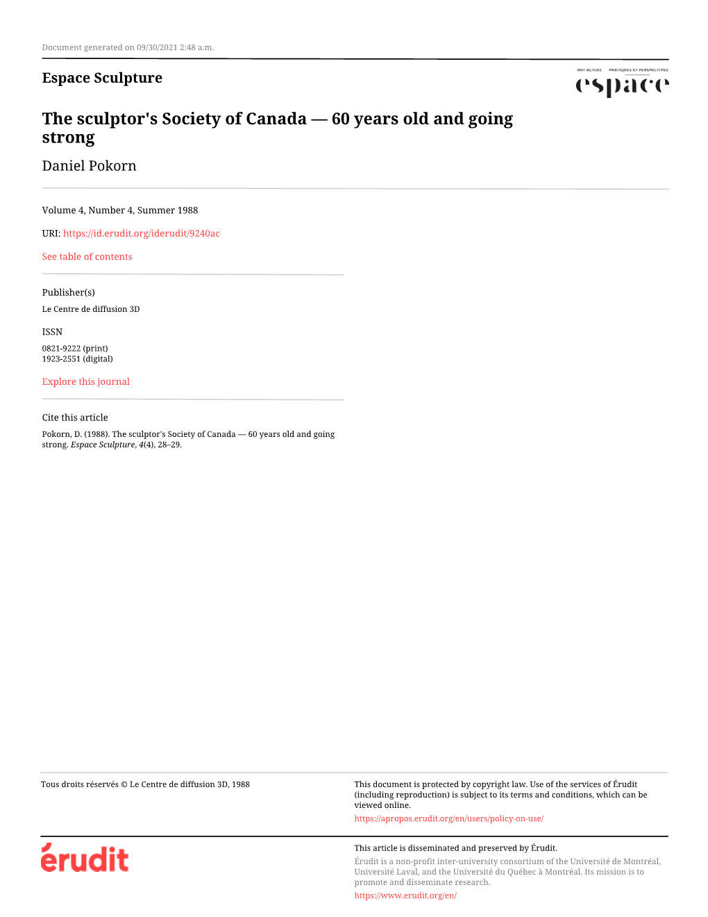 The Sculptor's Society of Canada — 60 Years Old and Going Strong Daniel Pokorn