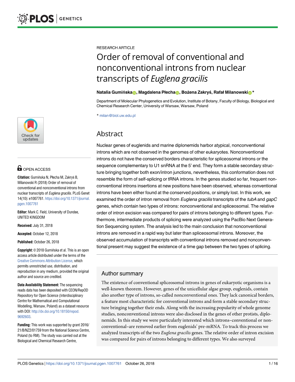 Order of Removal of Conventional and Nonconventional Introns from Nuclear Transcripts of Euglena Gracilis