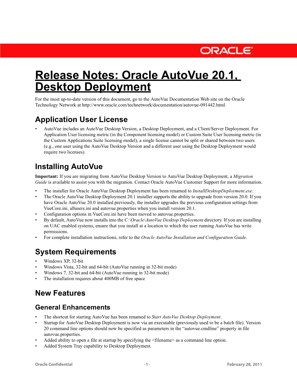 Oracle Autovue 20.1, Desktop Deployment Release Notes