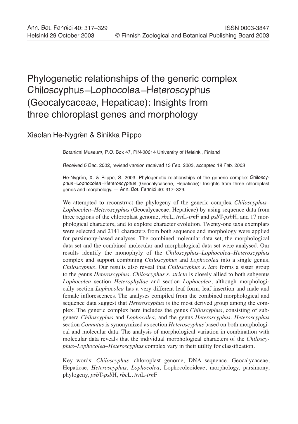 Phylogenetic Relationships of the Generic Complex Chiloscyphus