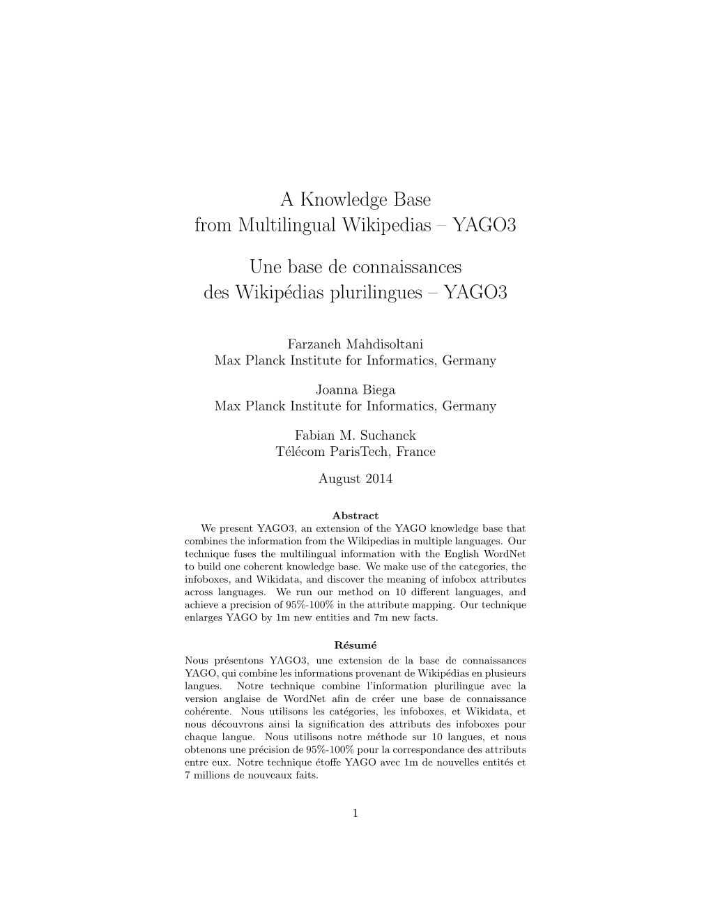 A Knowledge Base from Multilingual Wikipedias – YAGO3