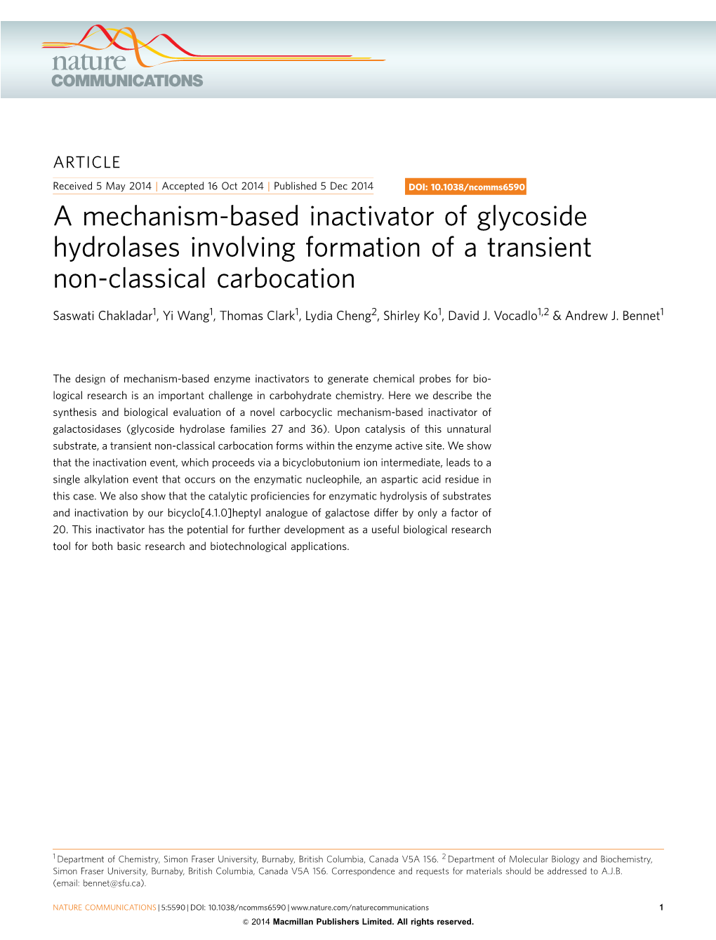 A Mechanism-Based Inactivator of Glycoside Hydrolases Involving Formation of a Transient Non-Classical Carbocation