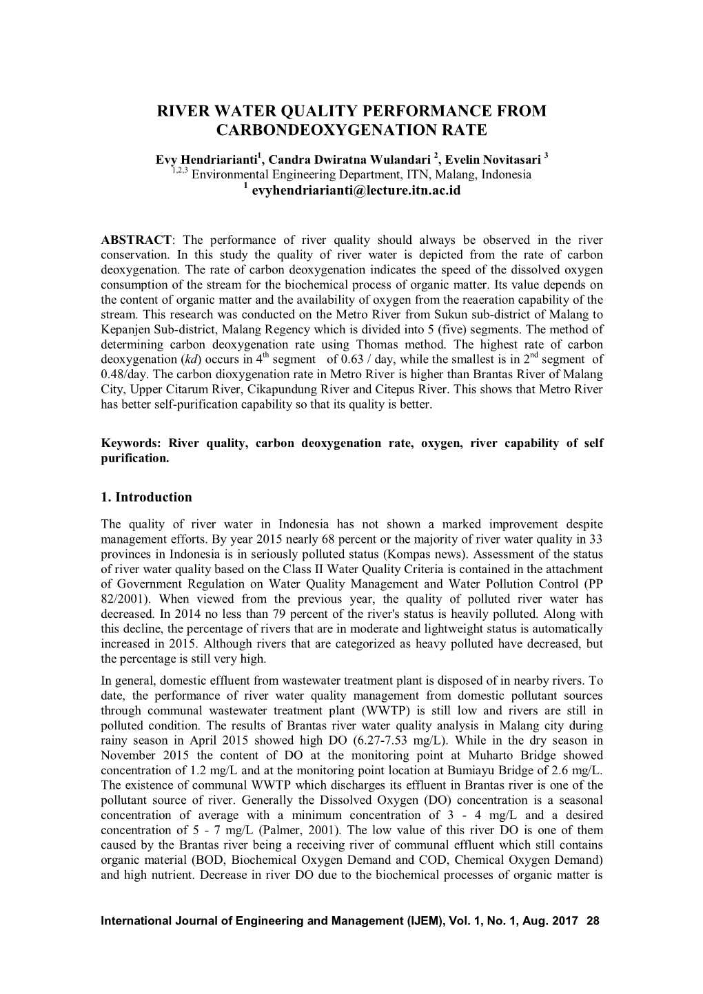 River Water Quality Performance from Carbondeoxygenation Rate