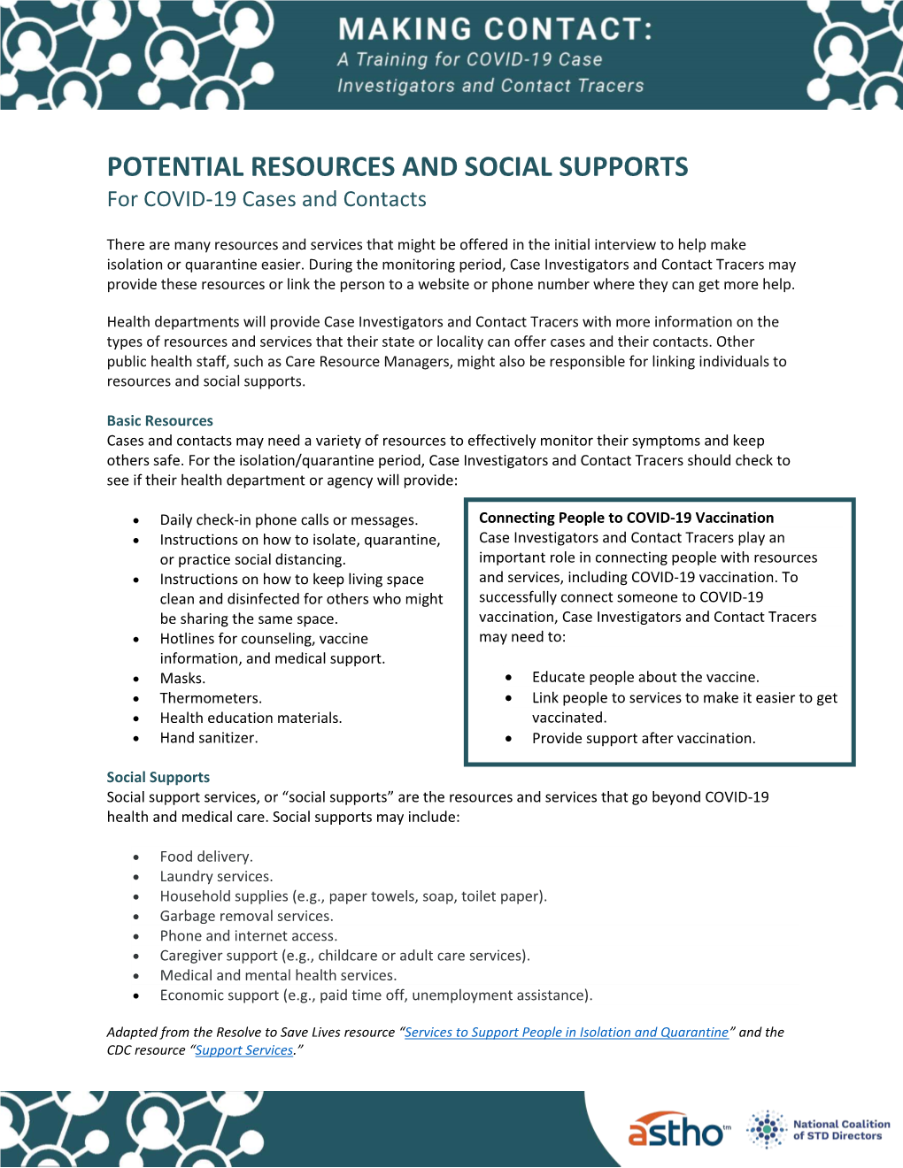 POTENTIAL RESOURCES and SOCIAL SUPPORTS for COVID-19 Cases and Contacts