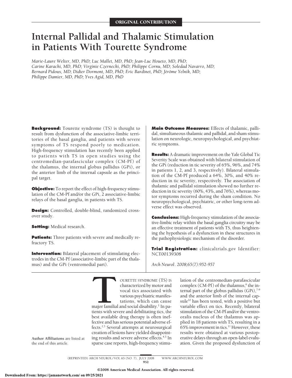 Internal Pallidal and Thalamic Stimulation in Patients with Tourette Syndrome