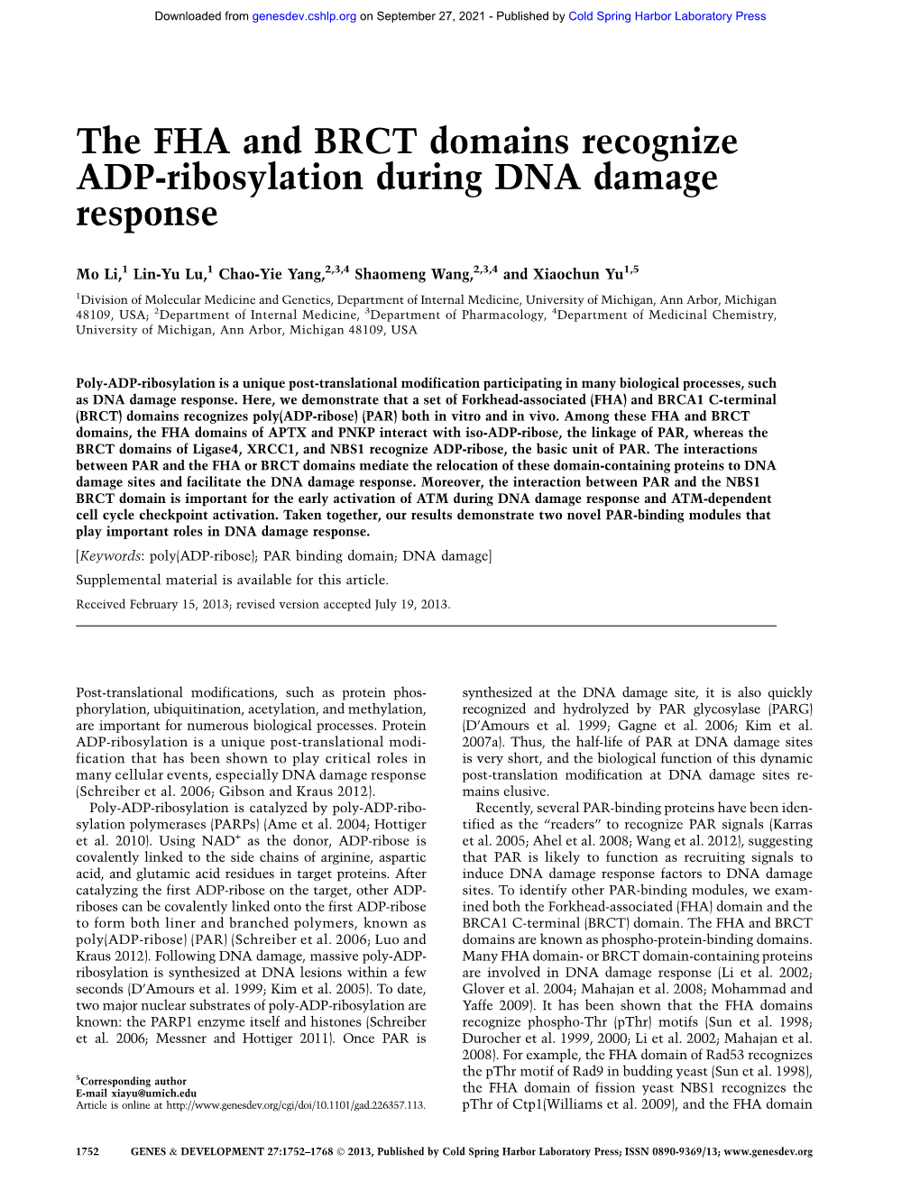 The FHA and BRCT Domains Recognize ADP-Ribosylation During DNA Damage Response