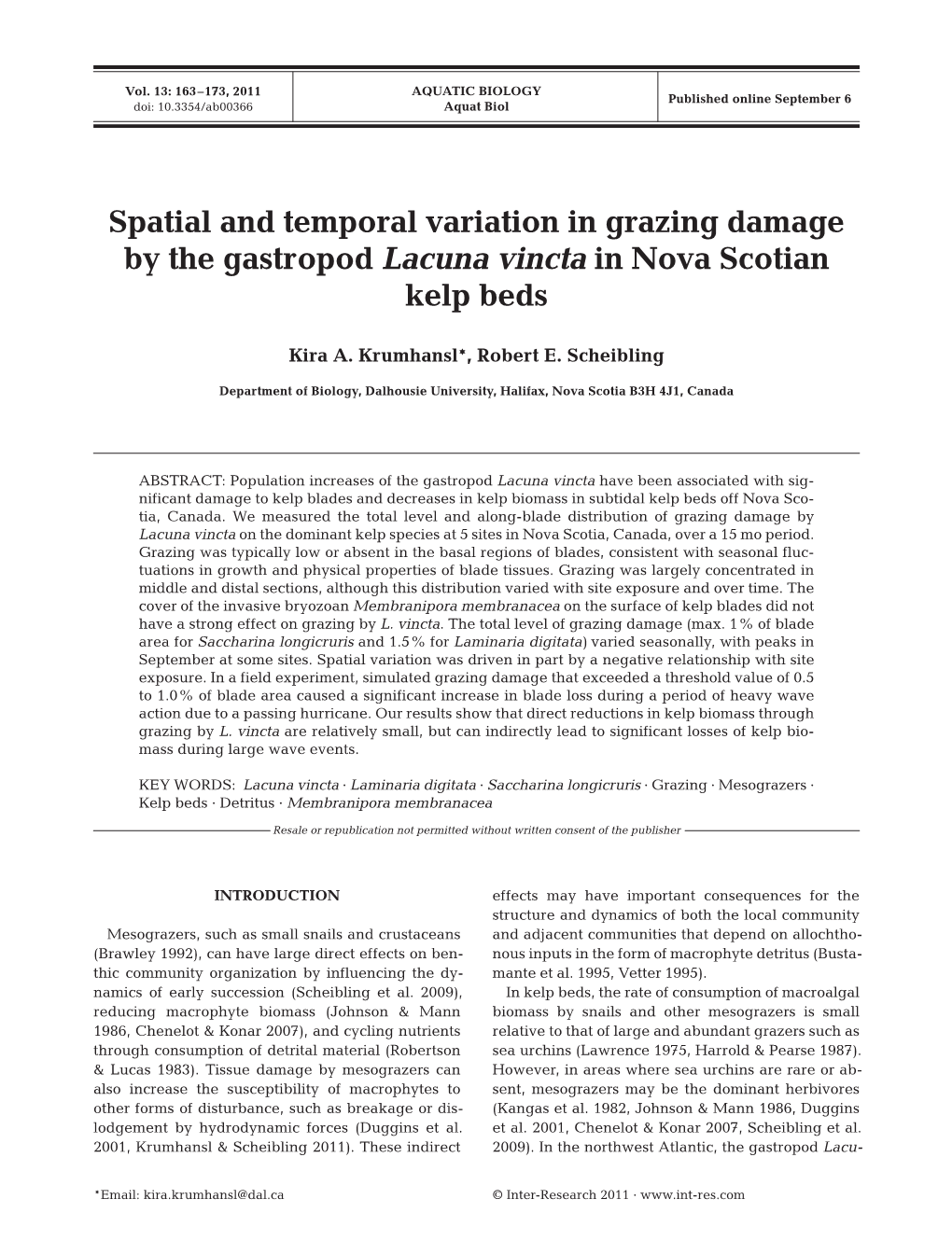 Spatial and Temporal Variation in Grazing Damage by the Gastropod Lacuna Vincta in Nova Scotian Kelp Beds