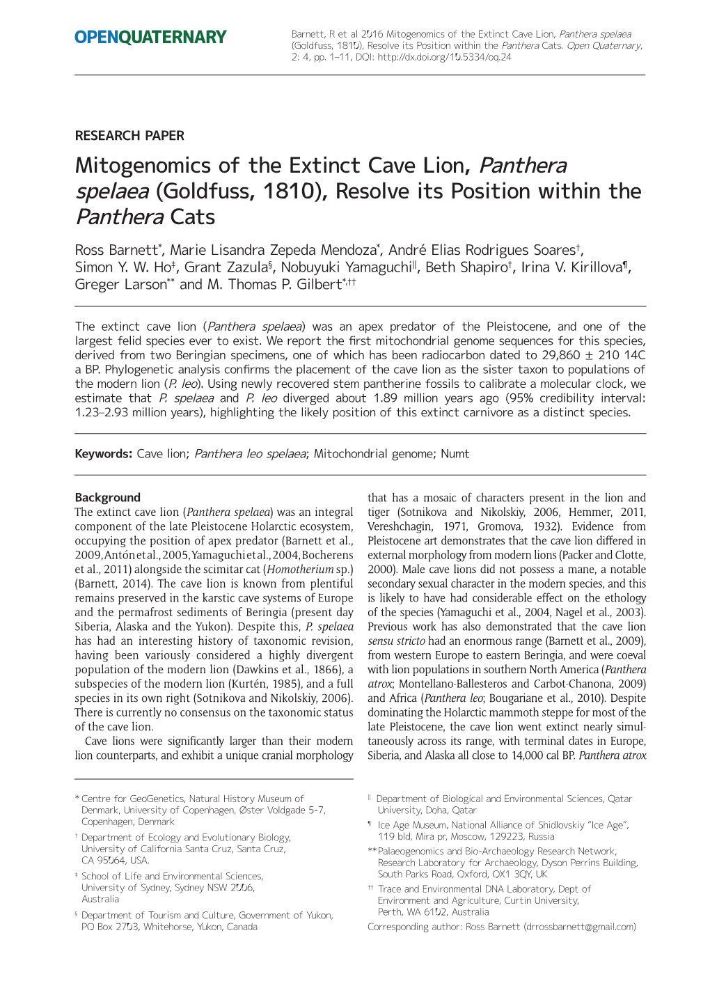 Mitogenomics of the Extinct Cave Lion, Panthera Spelaea (Goldfuss, 1810), Resolve Its Position Within the Panthera Cats