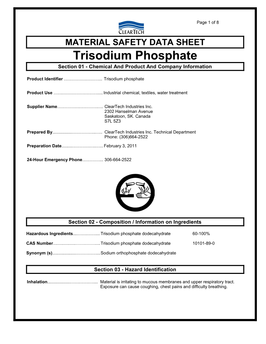 MATERIAL SAFETY DATA SHEET Trisodium Phosphate Section 01 - Chemical and Product and Company Information