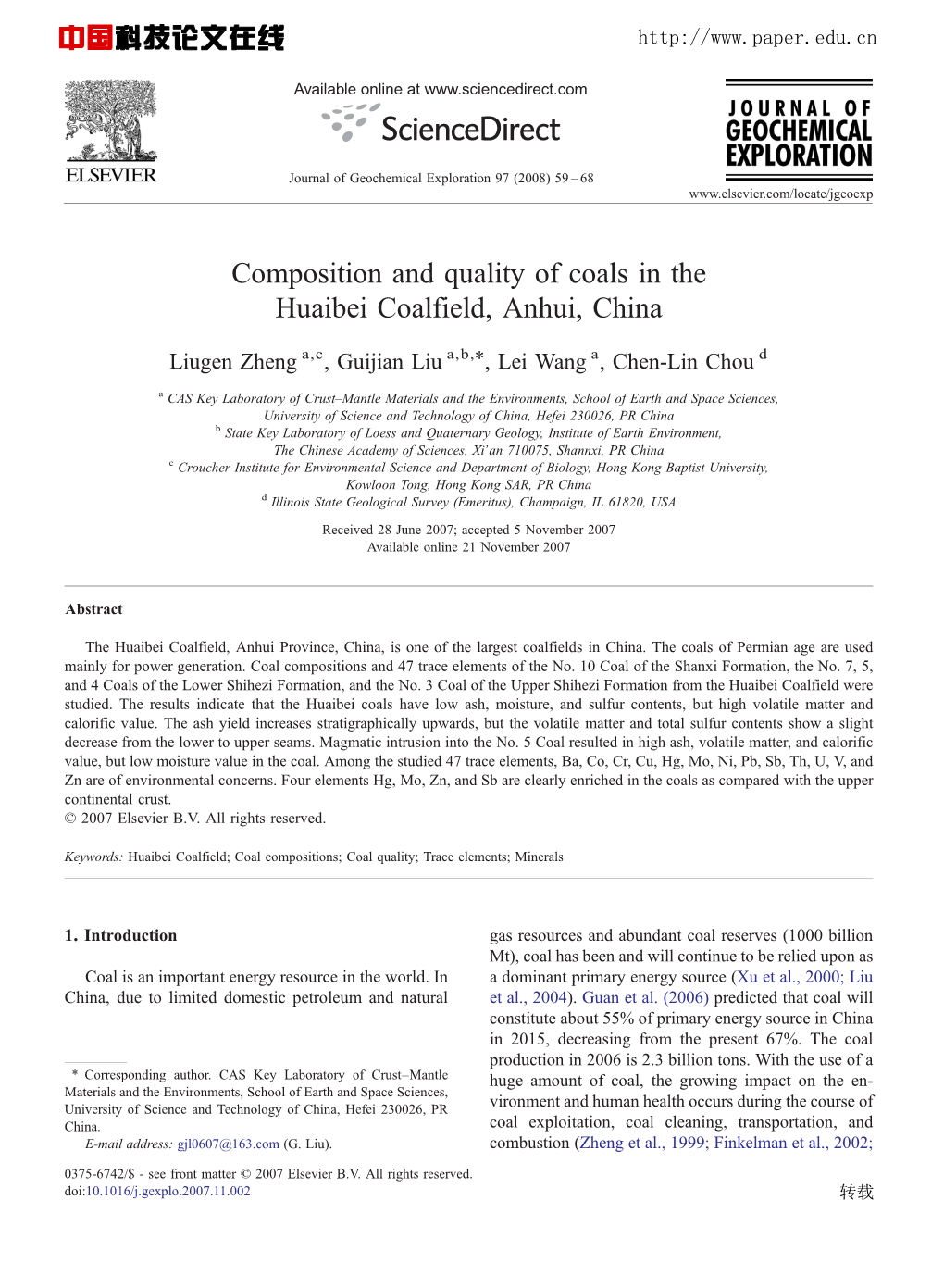 Composition and Quality of Coals in the Huaibei Coalfield, Anhui, China ⁎ Liugen Zheng A,C, Guijian Liu A,B, , Lei Wang A, Chen-Lin Chou D