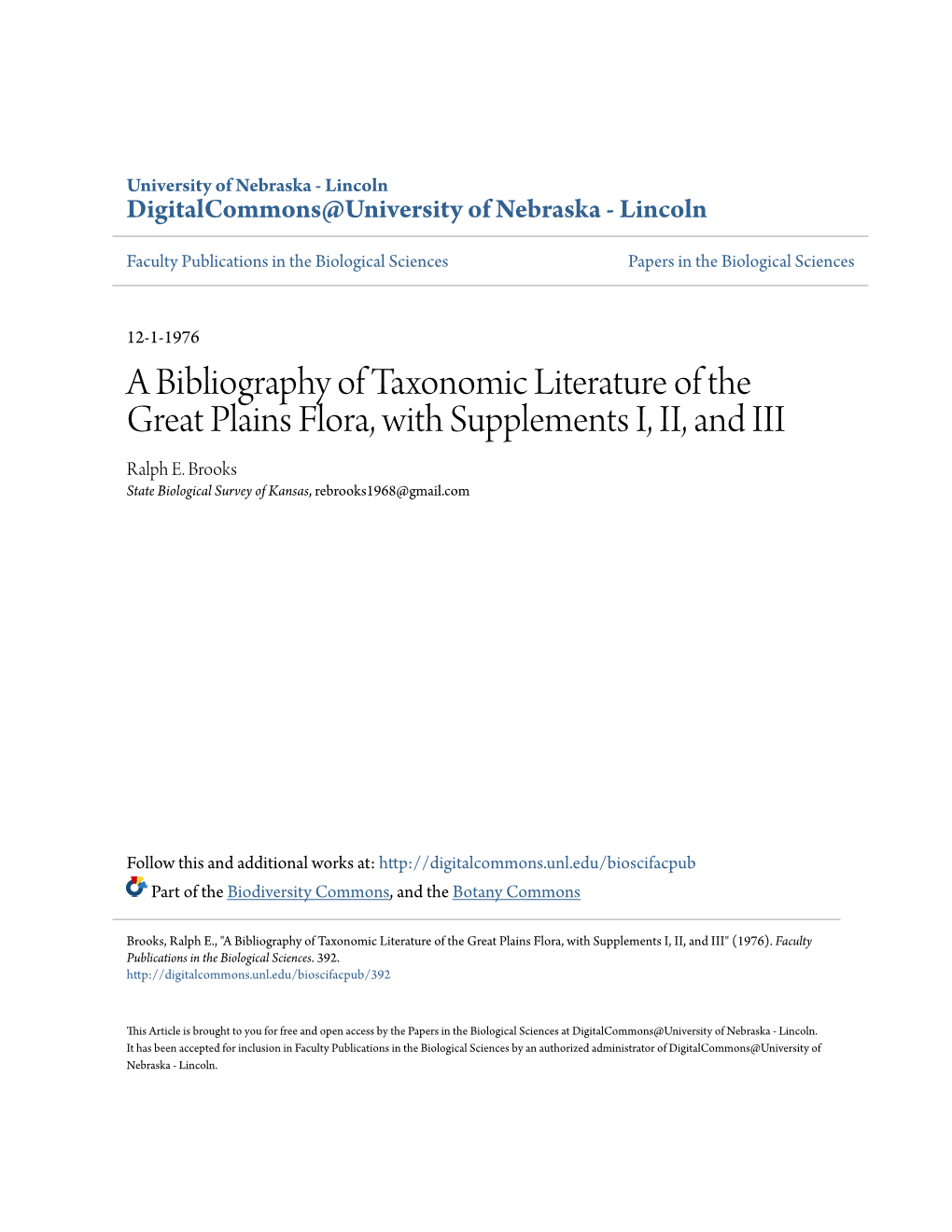 A Bibliography of Taxonomic Literature of the Great Plains Flora, with Supplements I, II, and III Ralph E